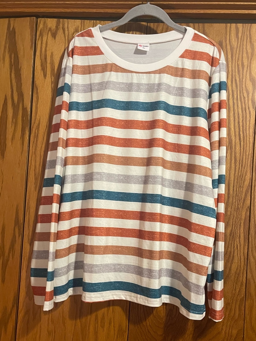Striped Long Sleeve Tee in White with Rust & Teal